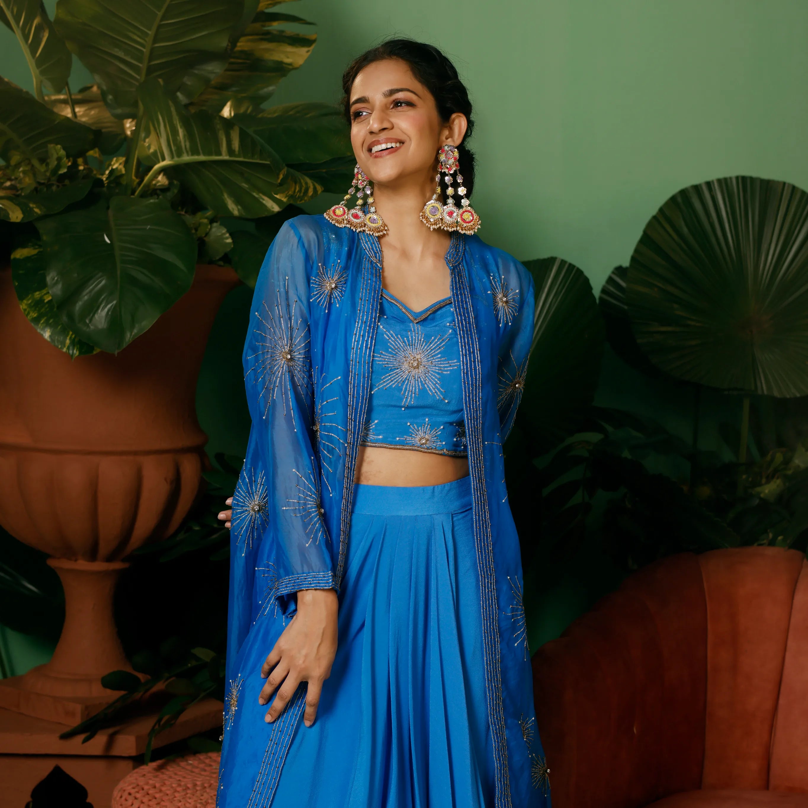 Mehwish Jacket with Drape Skirt and Bustier Set