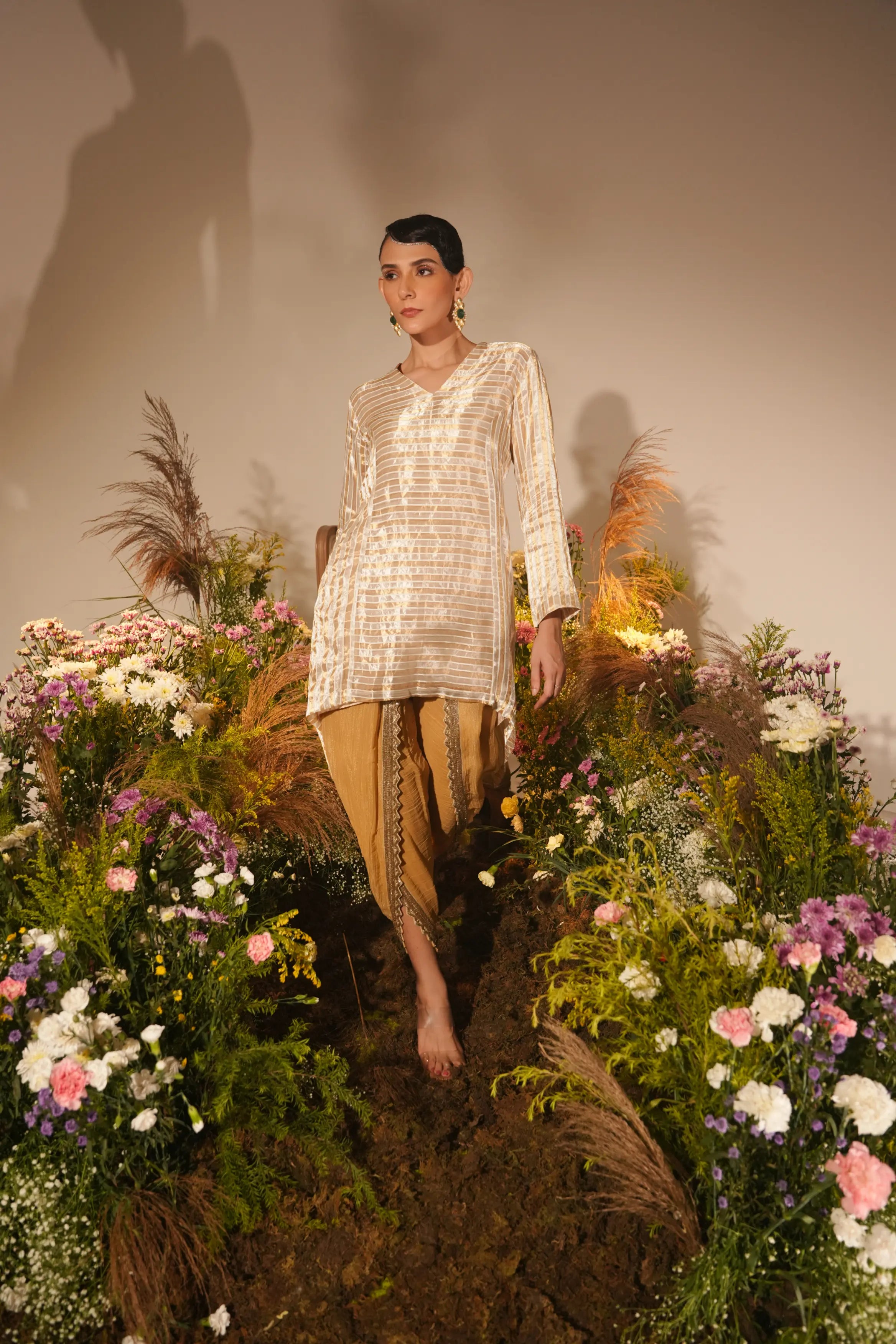 Golden Stripe Asymmetrical Kurta Set