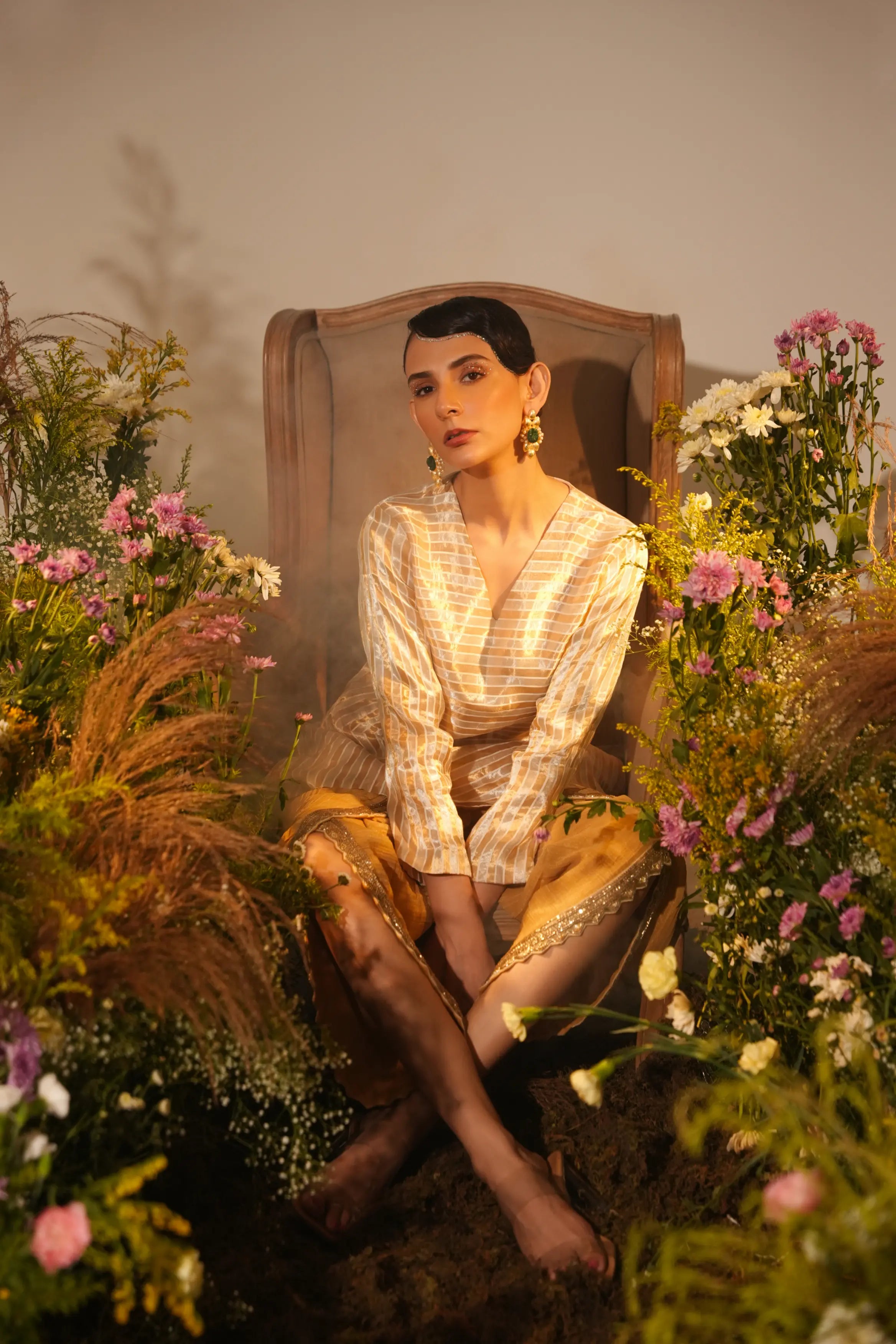 Golden Stripe Asymmetrical Kurta Set