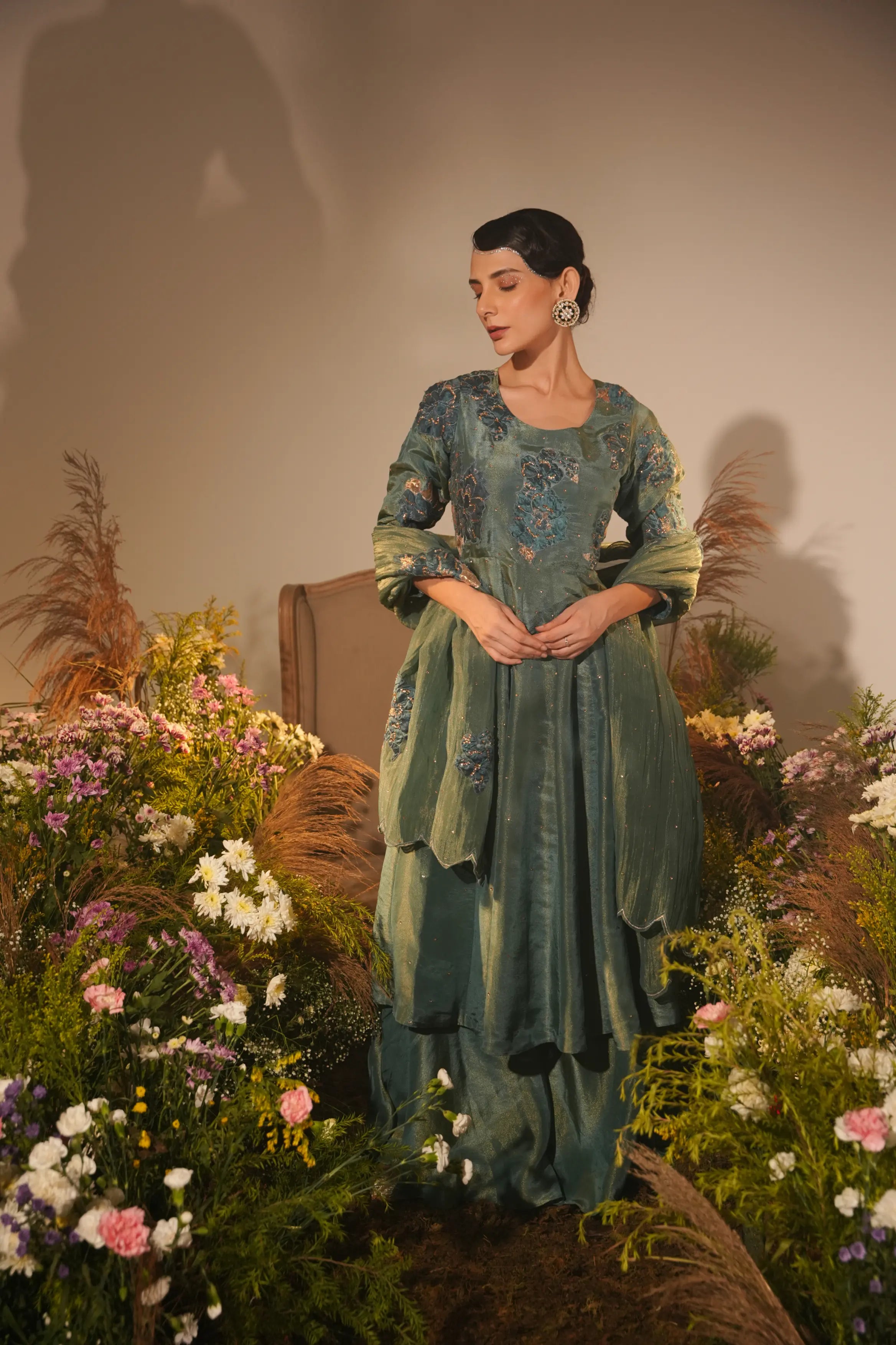 Teal Applique Anarkali Set