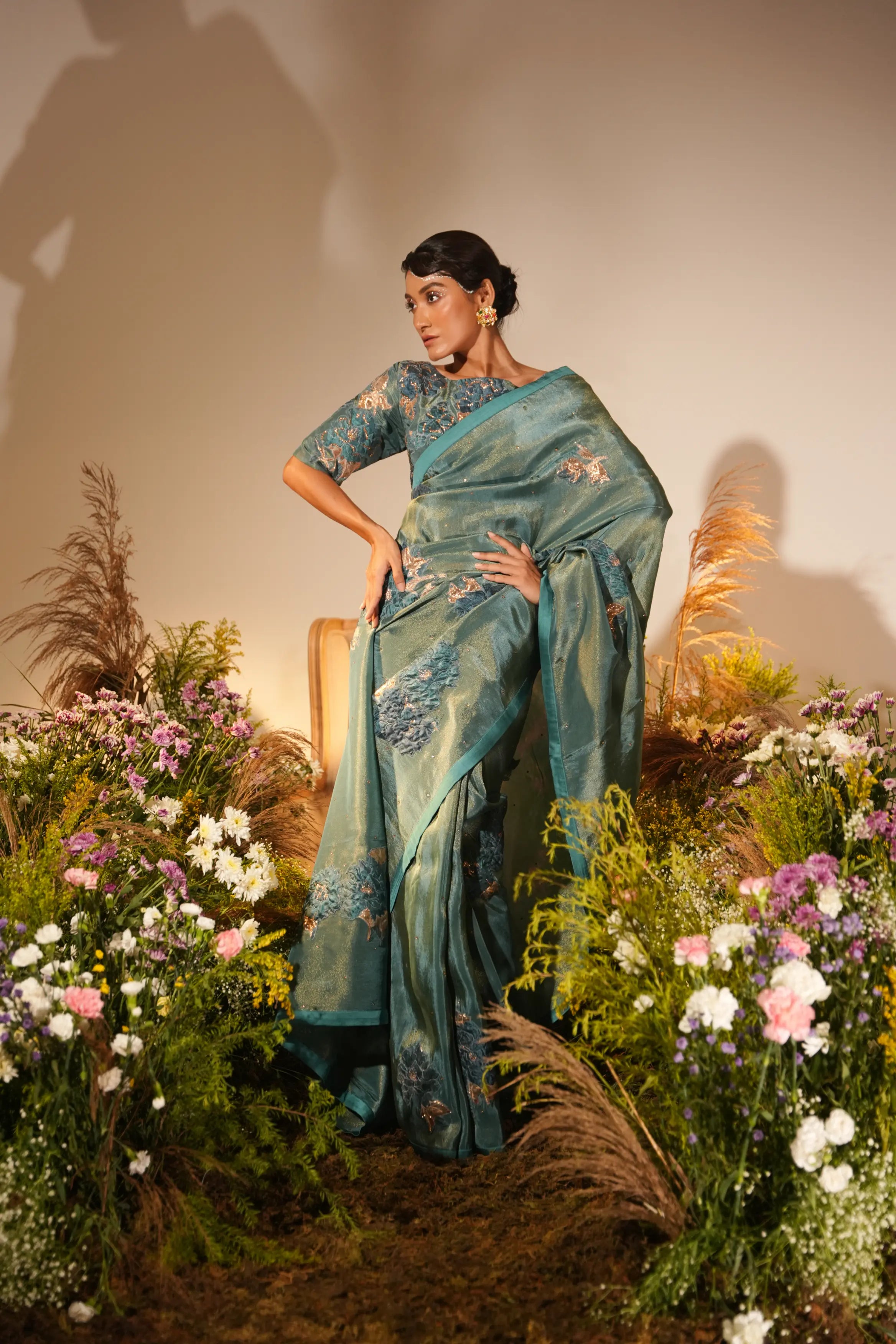 Teal Applique Saree
