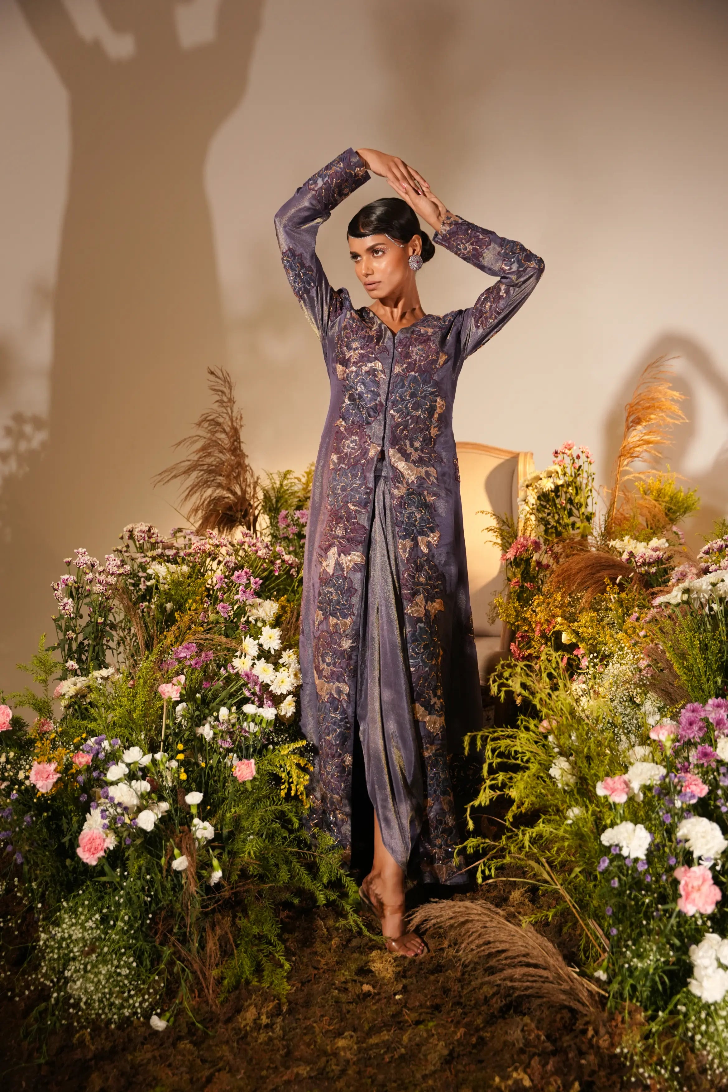 Purple Applique Long Jacket Set