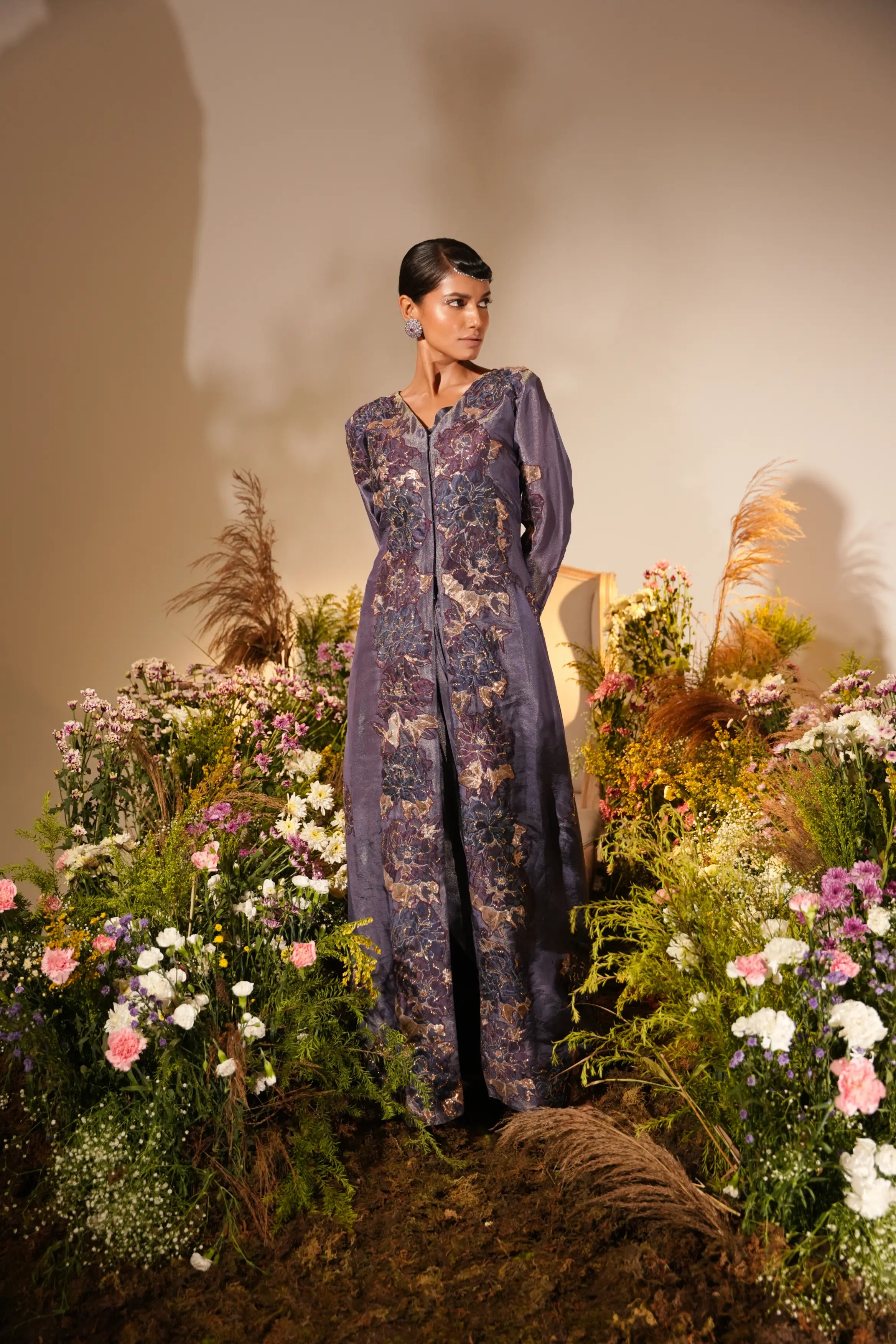 Purple Applique Long Jacket Set