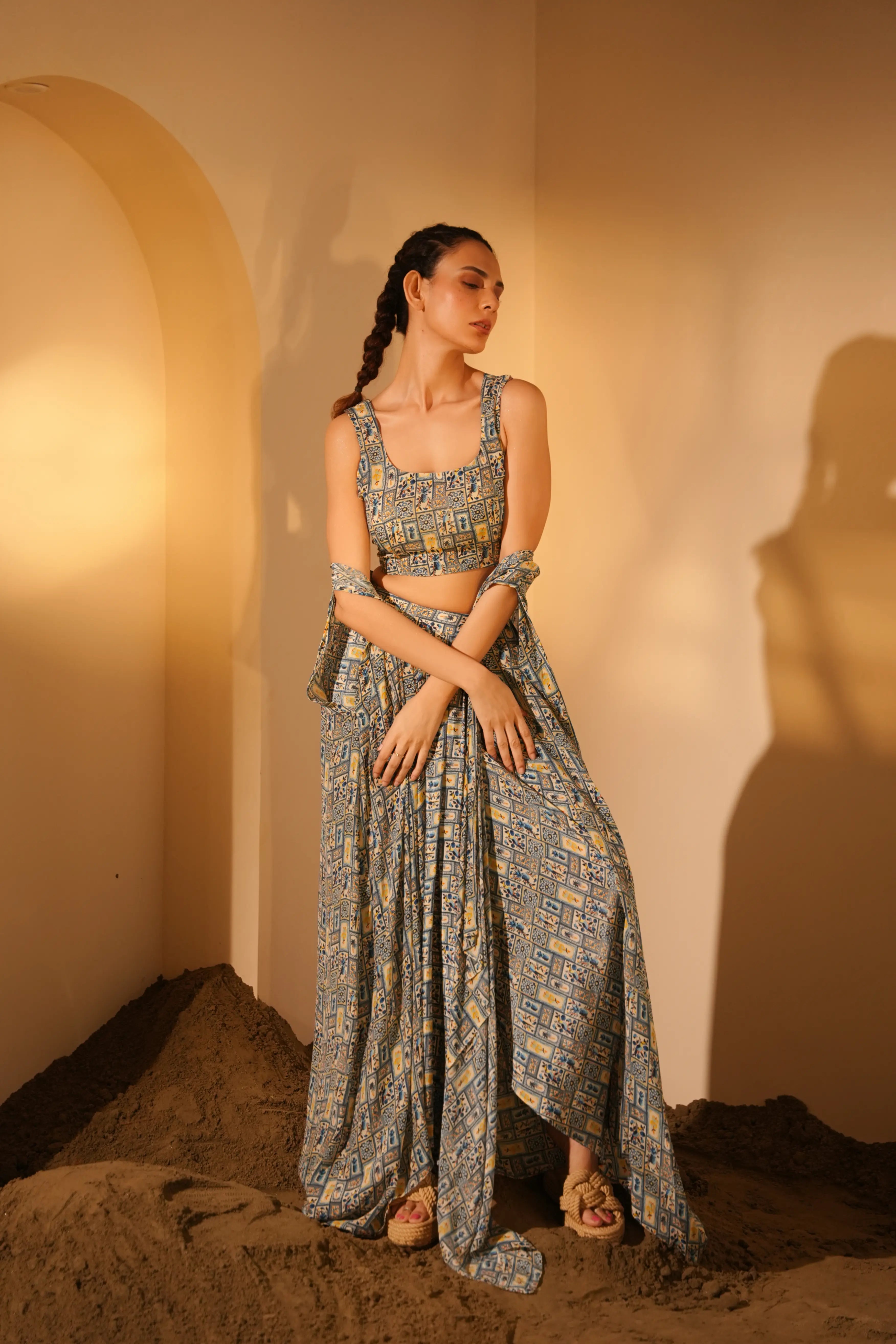 Blue Pineapple Jacket  With Drape Skirt Set