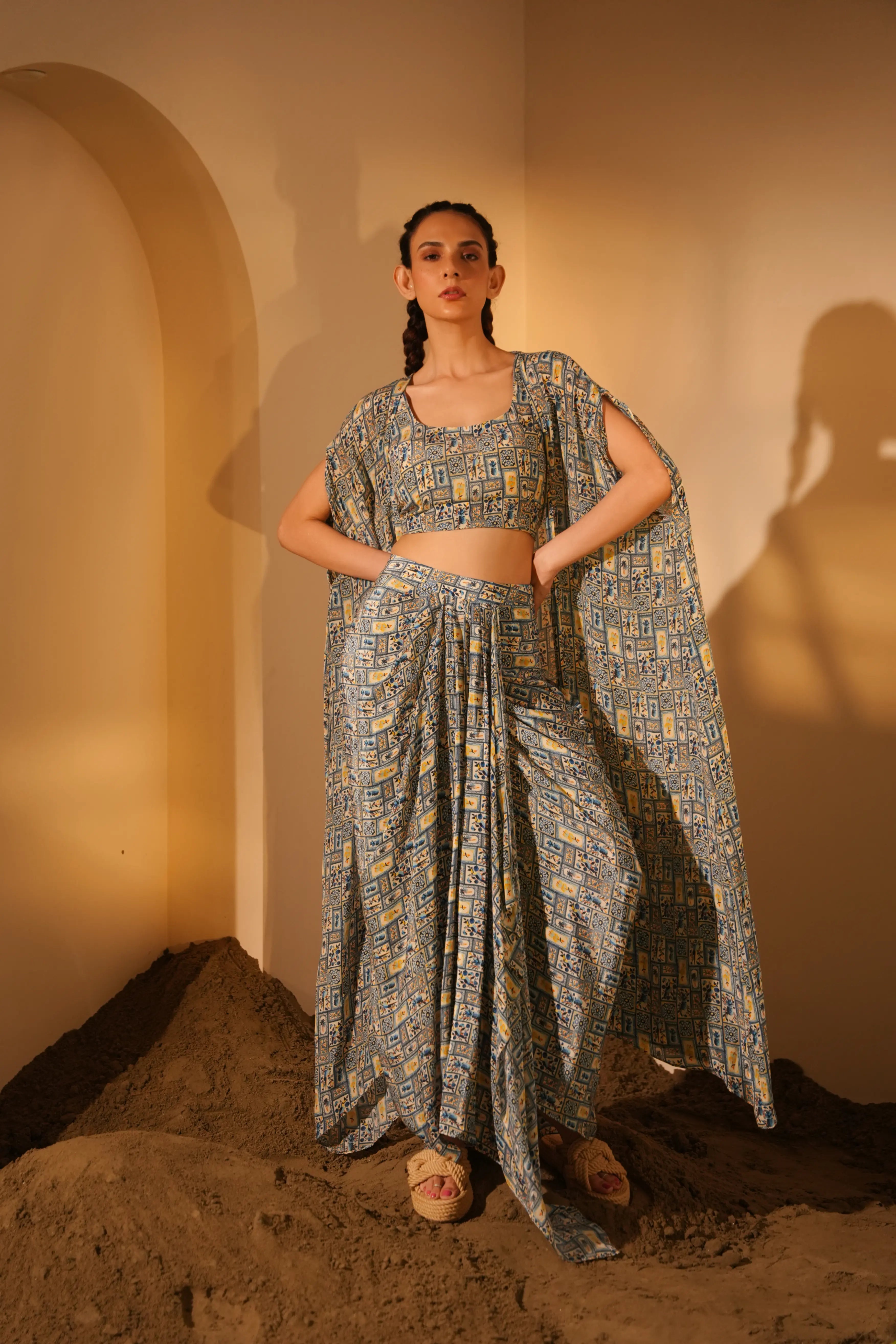 Blue Pineapple Jacket  With Drape Skirt Set