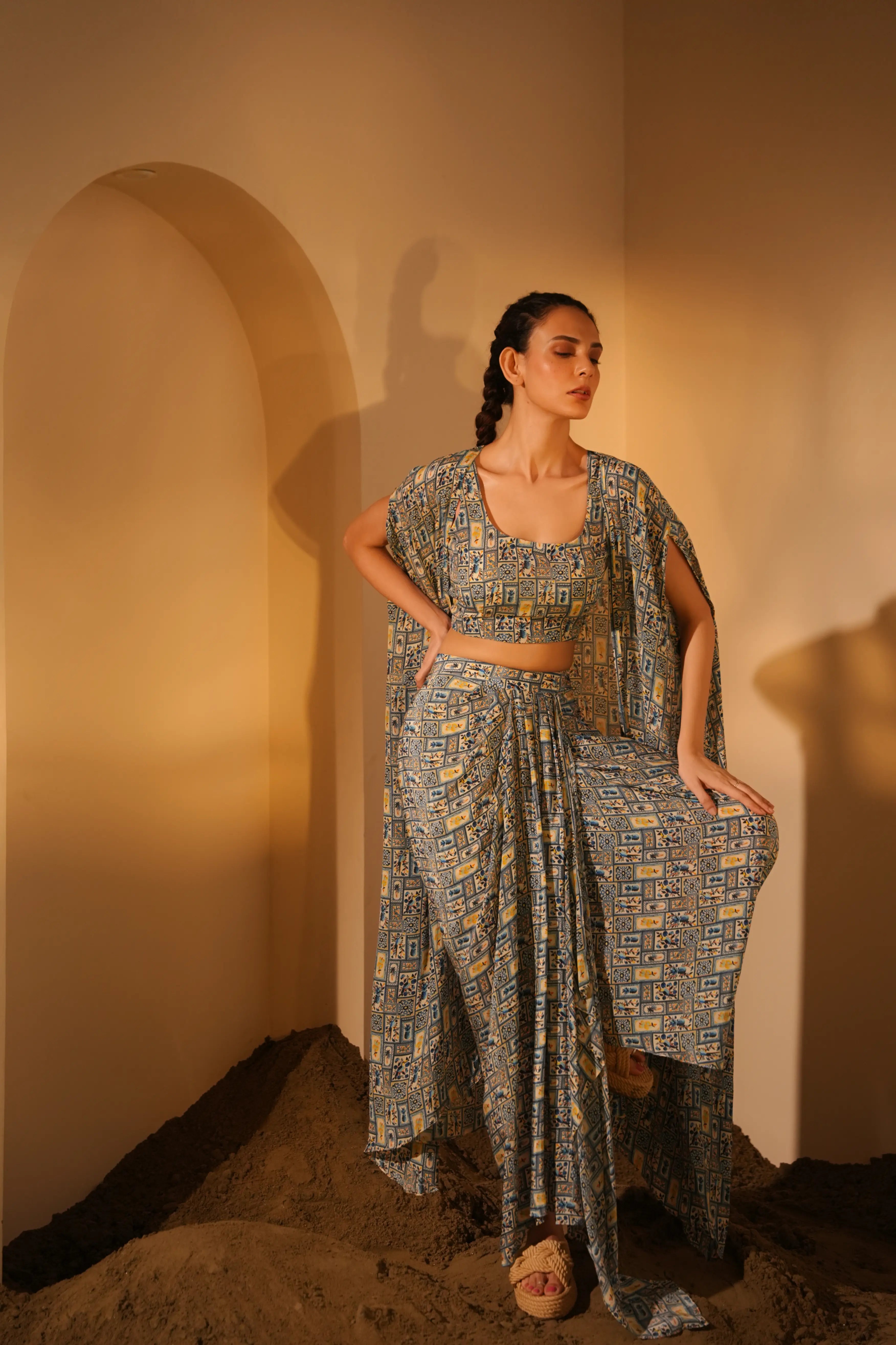 Blue Pineapple Jacket  With Drape Skirt Set