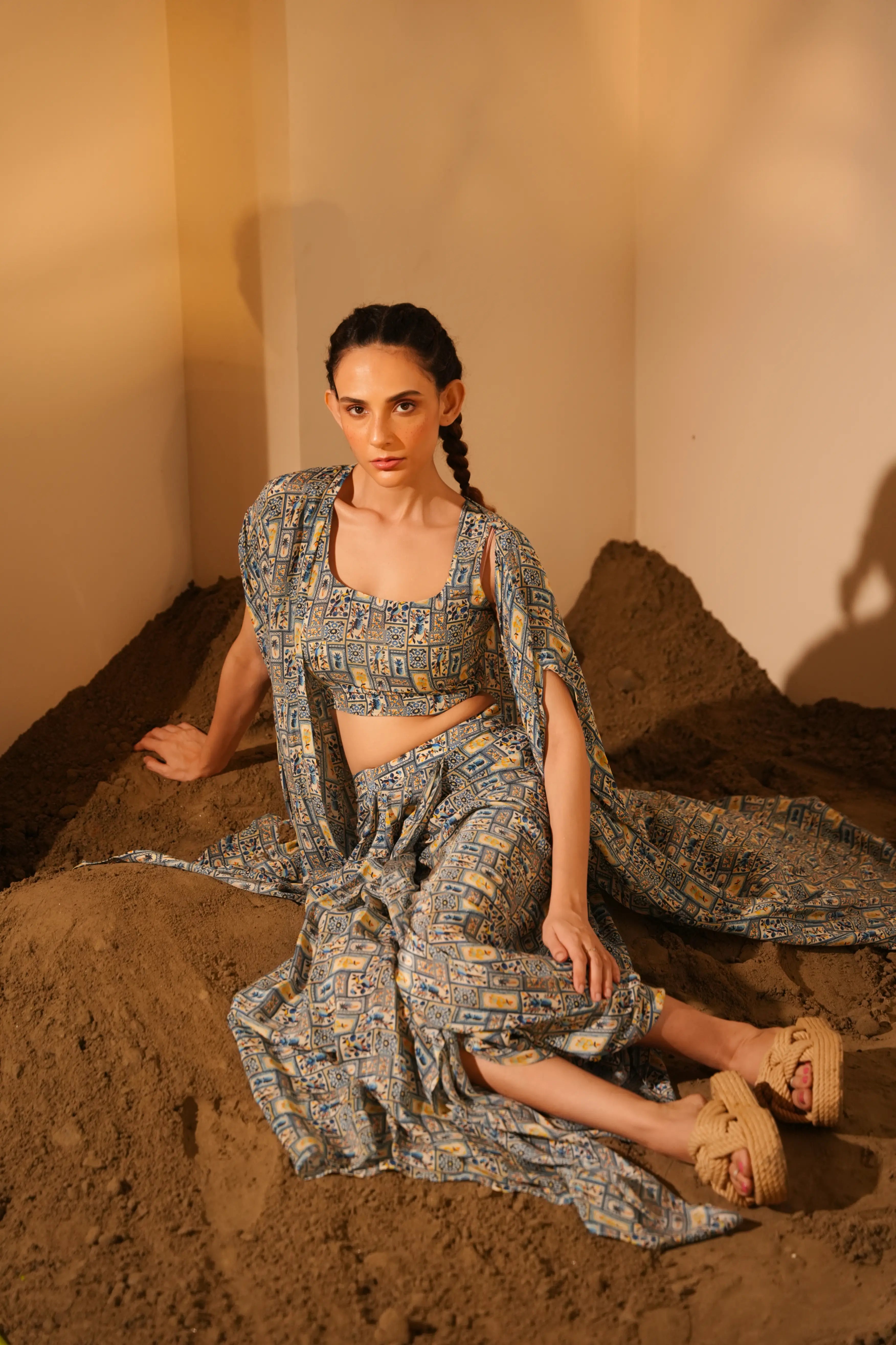 Blue Pineapple Jacket  With Drape Skirt Set