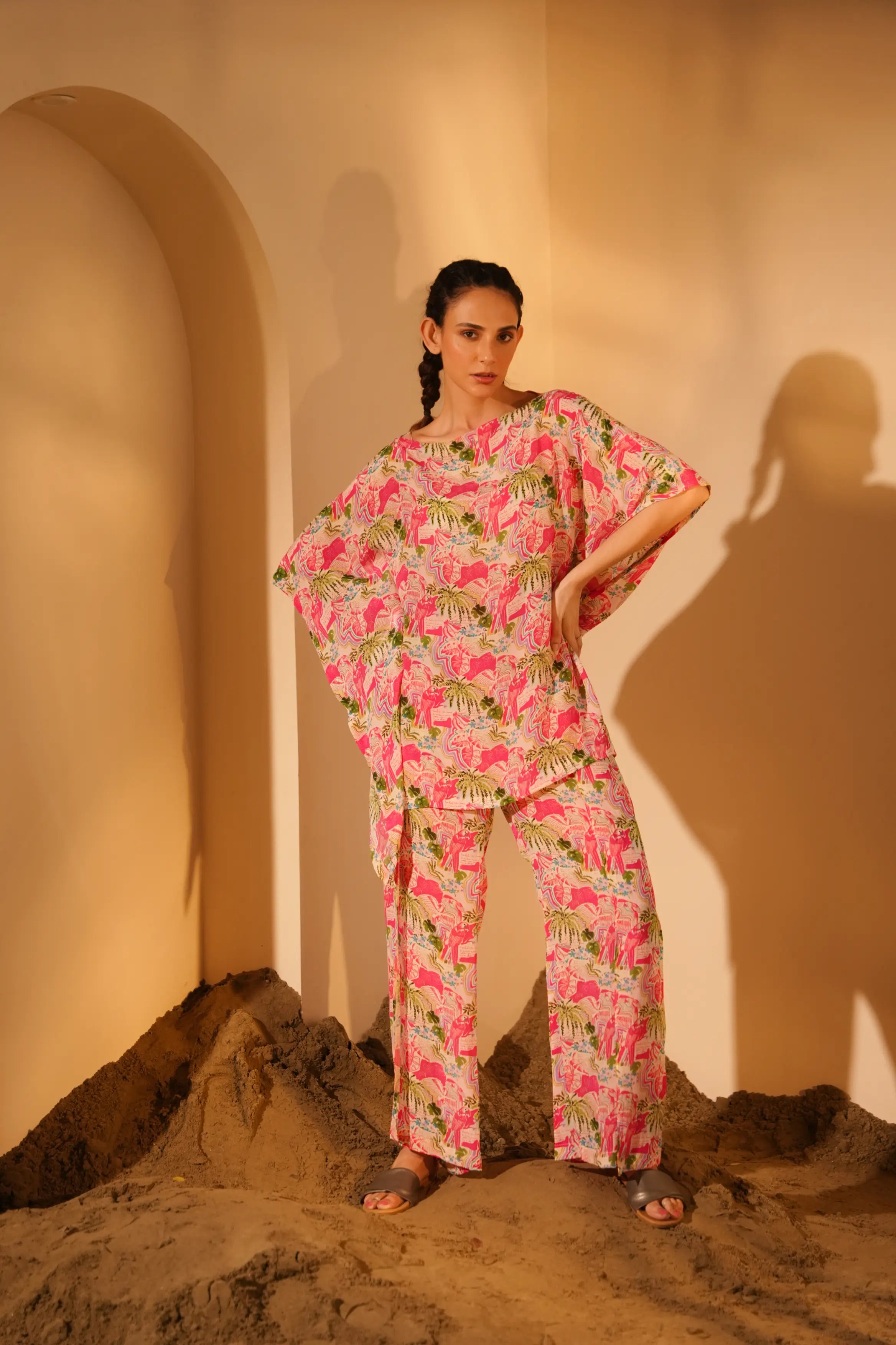 Pink Parrotkaftaan Top + Flap Pants