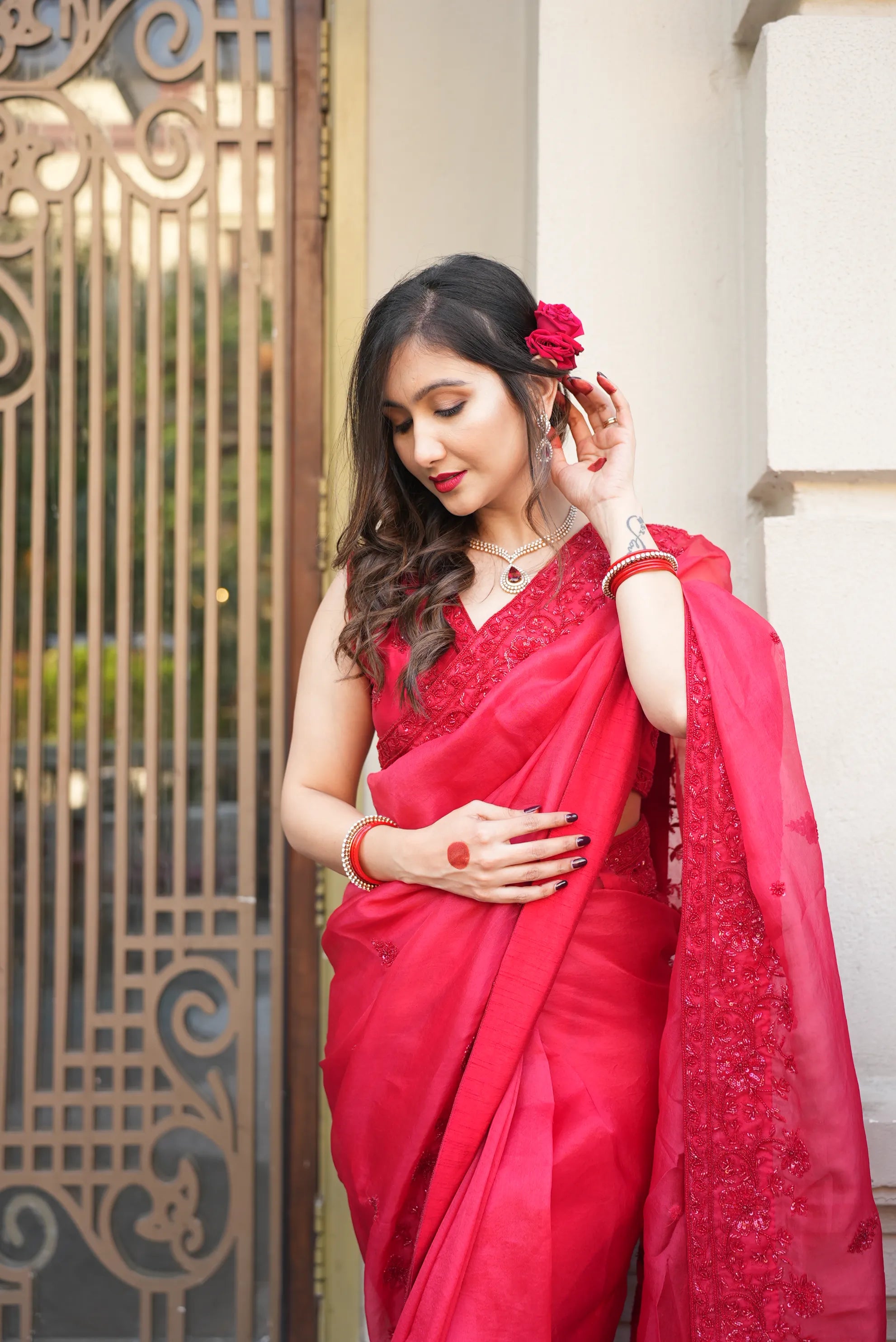 Garima Banka Styled in Surkh Saree